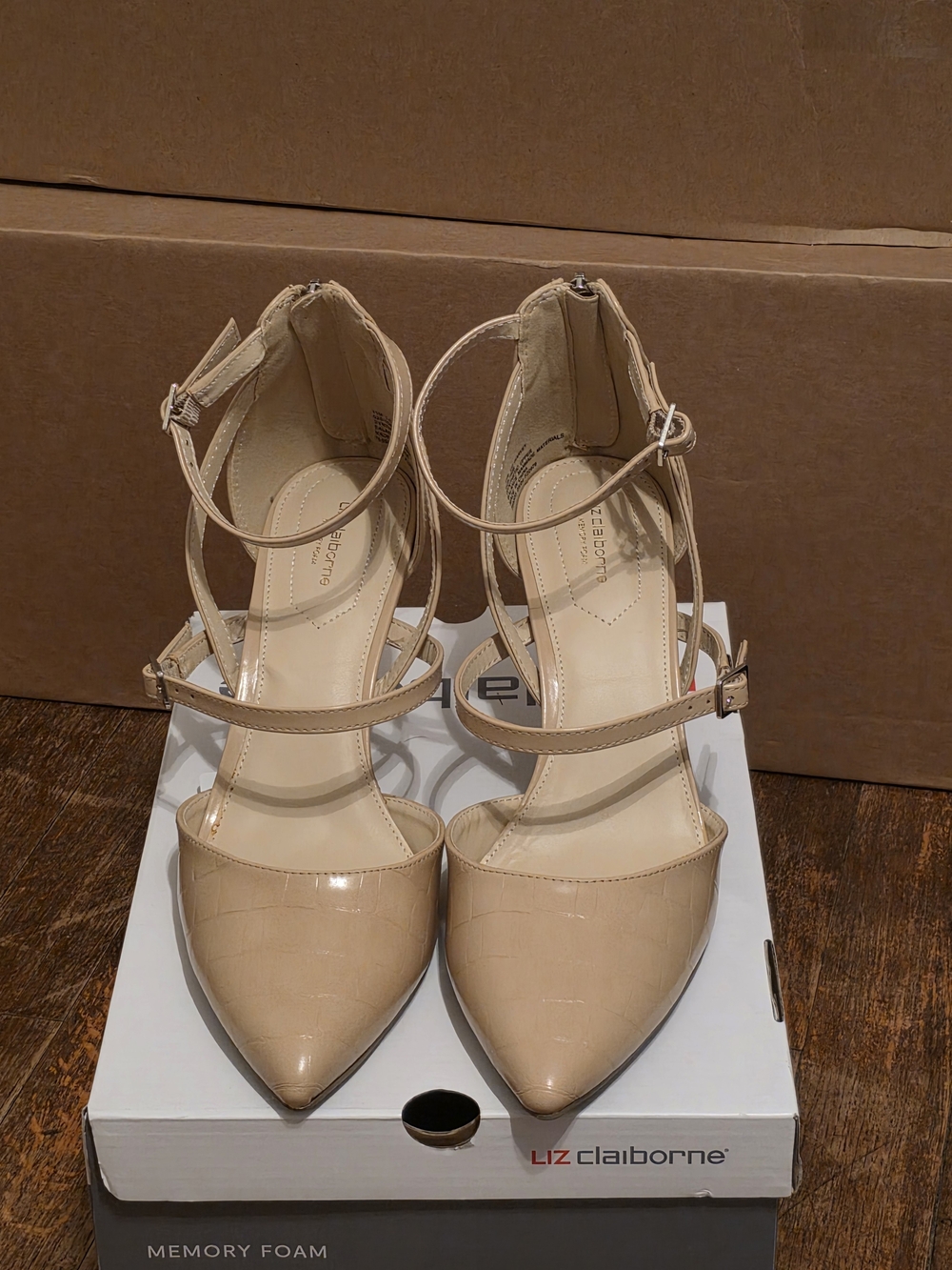 Liz Claiborne Beige Patent Pointed-Toe Ankle-Strap Pumps